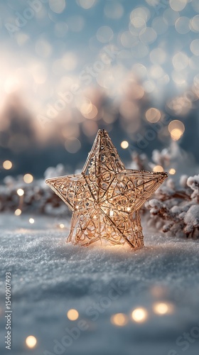 Sparkling Golden Star Ornament Resting on Snow With Bokeh Lights in the Backg...