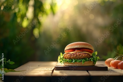 Delicious Chicken Burger With Fresh Vegetables on a Wooden Table in a Garden ...