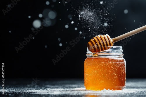 Honey Jar With Wooden Dipper and Sugar Falling, Capturing a Sweet Moment in a...