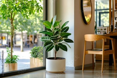 Relaxing Indoor Space Featuring a Leafy Plant Near Wooden Furniture and a Bri...