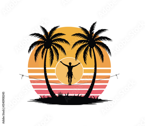 Slackliner Silhouette Vector | Rope Balancing Between Trees | Highline Sport T-shirt Design