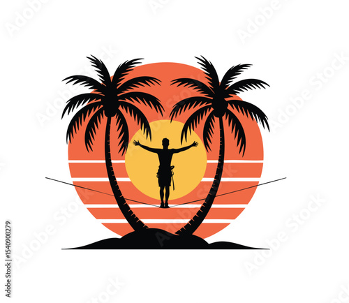Slackliner Silhouette Vector | Rope Balancing Between Trees | Highline Sport T-shirt Design