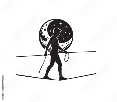 Slackliner Silhouette Vector | Rope Balancing Between Trees | Highline Sport T-shirt Design
