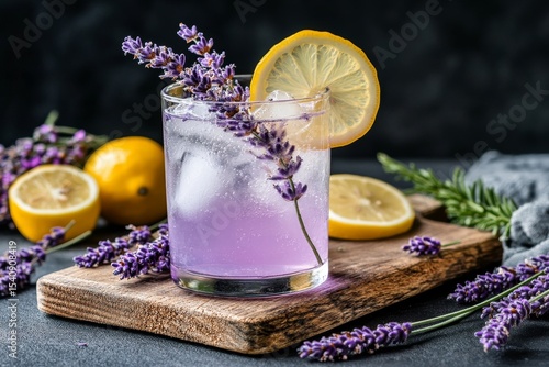 Refreshing Lavender Lemonade With Lemon Slices and Purple Flowers on a Wooden...