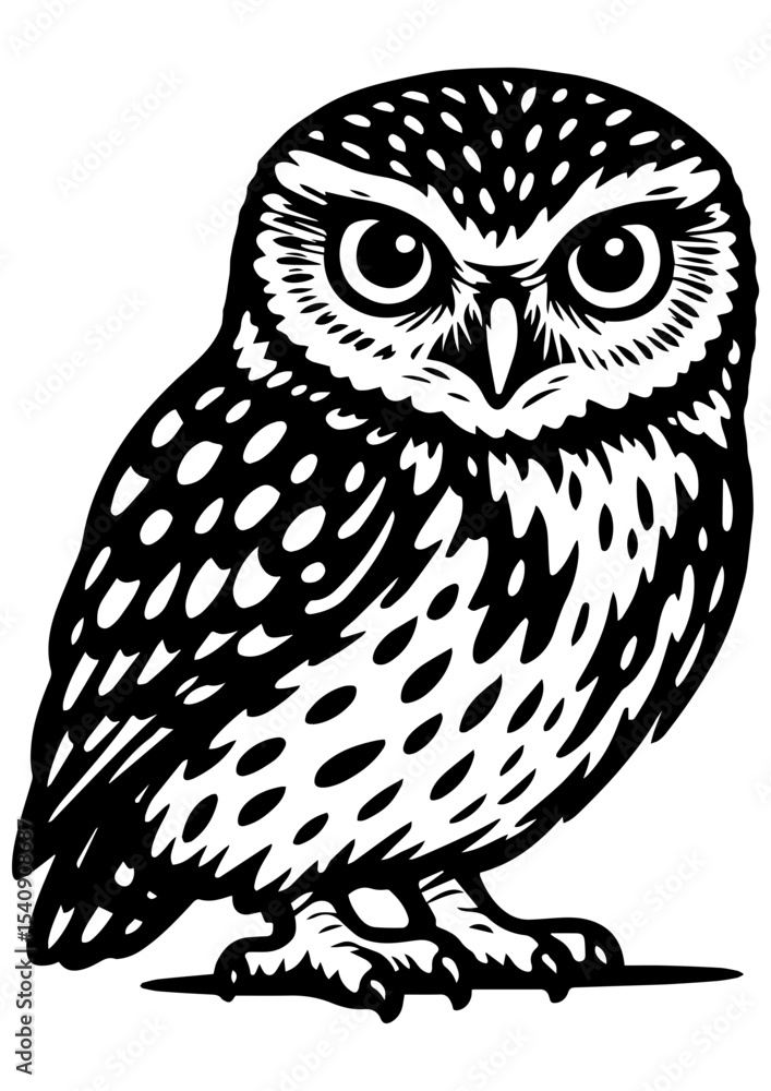Naklejka premium Detailed black and white owl vector on white background. Perfect for engraving, prints, logos, coloring pages, and creative bird projects