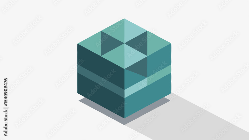 Obraz premium Isometric cube with geometric patterns and shadows in shades of teal on white
