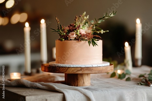 Celebratory Cake Decorated With Flowers at a Cozy Venue During a Festive Gath...