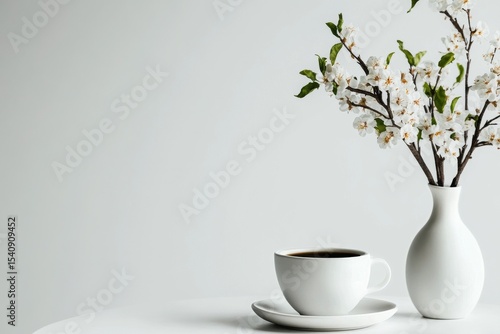 Coffee Cup With Cherry Blossom Vase on a Minimalist Table in Soft Light