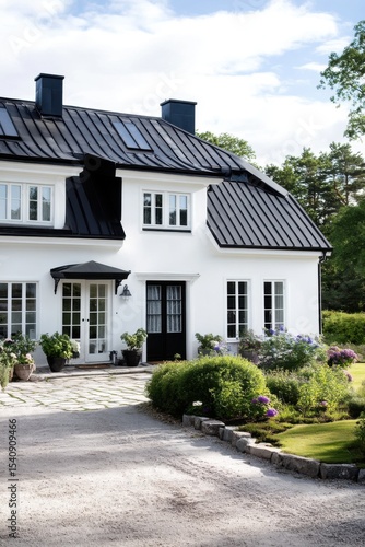 Wallpaper Mural Nestled in a tranquil residential neighborhood, this enchanting white house boasts a stylish black metal roof and is enveloped by lush greenery, creating a picturesque scene on a bright, sunny day Torontodigital.ca