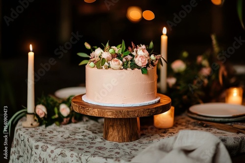 Elegant Wedding Cake Displayed on a Rustic Wooden Stand Surrounded by Warm Ca...