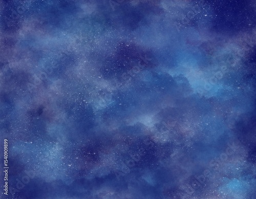 Abstract horizontal watercolor blue and violet space background night sky with stars. Hand drawn digital watercolor. Neutral light colored empty space background illustration