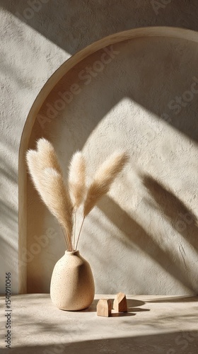 Pampas Grass Arrangement in a Minimalist Interior With Soft Shadows and Neutr...