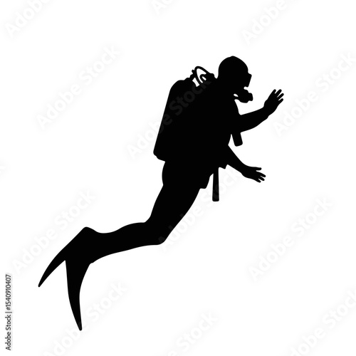 Silhouette of a scuba diver swimming gracefully underwater against a minimalist white background, adventurous concept of marine tourism and diving schools