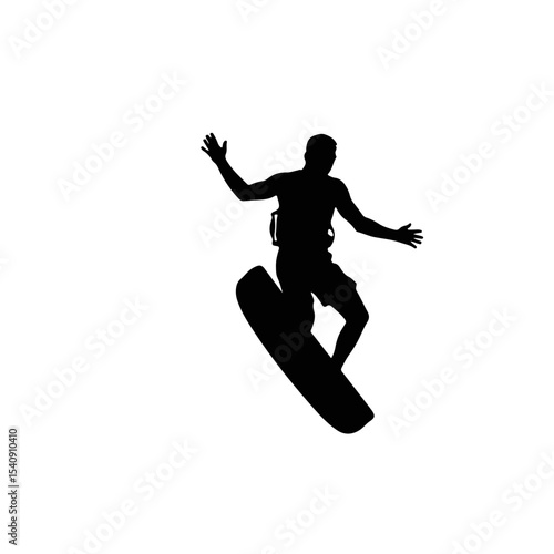 Silhouette of a male wakeboarder jumping mid-air against a white background, dynamic concept of sports and adventure.