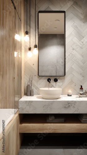 Stylish Modern Bathroom With Marble Sink, Wooden Accents, and Unique Lighting...