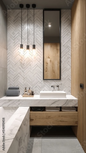 Stylish Modern Bathroom With Marble Sink, Wooden Accents, and Unique Lighting...