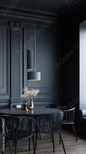 Elegant Black Dining Room Interior With Stylish Lighting and Minimalist Decor