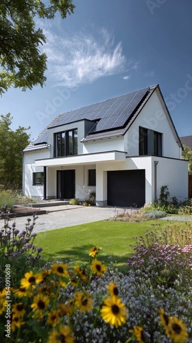 Modern House With Solar Panels and Landscaped Garden in Sunny Weather