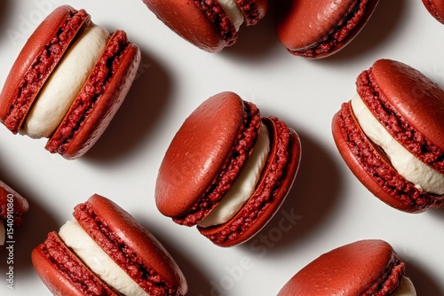 Red Velvet Macarons in a Neat Arrangement on a White Surface for Dessert Lovers