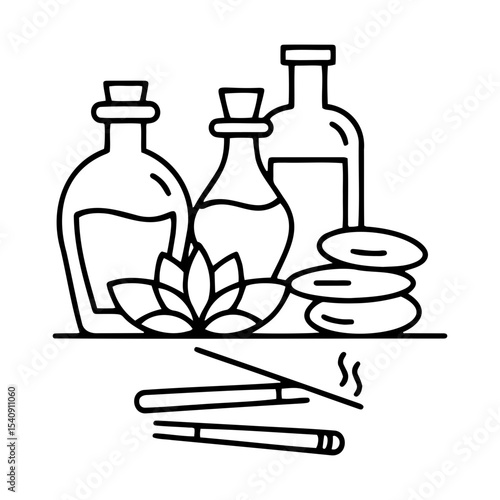 Aromatherapy wellness setup featuring essential oils, stones, and herbal elements in minimalist line art style 