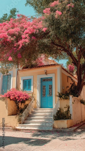 Charming Blue Door of a Cottage Adorned With Blooming Pink Flowers in a Sunny...