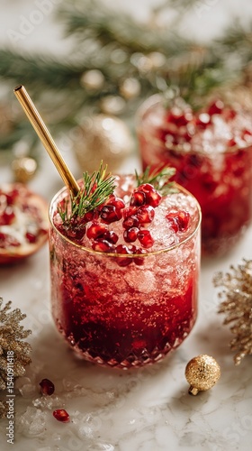 Festive Holiday Cocktails Garnished With Pomegranate and Greenery on a Marble...