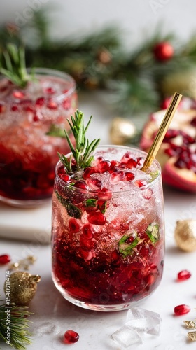 Refreshing Pomegranate Cocktail Garnished With Rosemary in a Festive Setting
