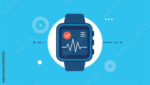Modern smartwatch displaying heartbeat monitoring and fitness tracking data vector illustration