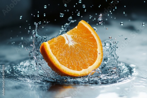 Splashes of Water Surround a Fresh Orange Slice in Vibrant Outdoor Setting.