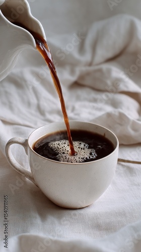 Warm Coffee Pouring Into a Fine China Cup With Cream and Flowers in the Backg...