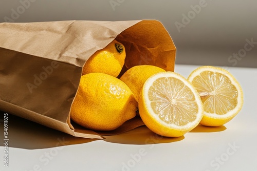 Fresh Lemons Spilling From a Brown Paper Bag on a Light Surface in Natural Light