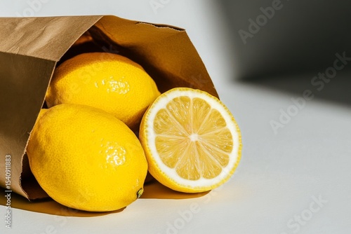 Fresh Lemons Spilling From a Brown Paper Bag on a Light Surface in Natural Li...