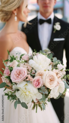Elegant Wedding Bouquet Held by Bride With Groom in Formal Attire During Outd...