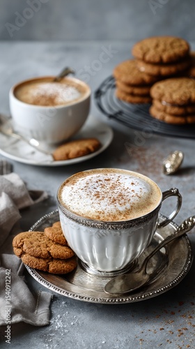 Enjoying Warm Coffee Topped With Whipped Cream and Spices Alongside Cookies o...