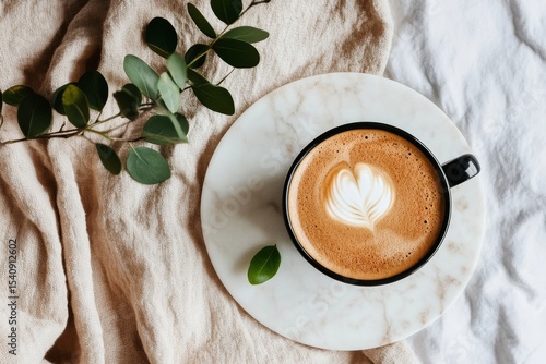 Coffee Cup Placed on Marble Plate With Greenery on a Cozy Blanket During Morn...