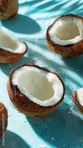 Coconuts in Various Stages of Preparation on a Blue Surface With Coconut Flak...