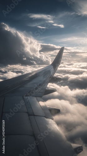 View of the Airplane Wing Above Fluffy Clouds During Sunset With Dramatic Sky...