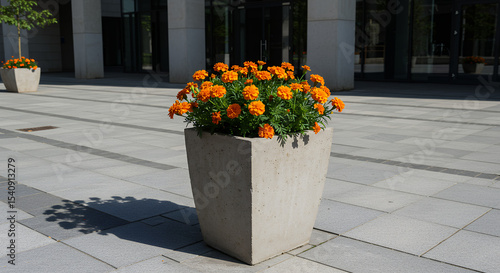 Orange marigolds flourish in a gray concrete planter, adding vibrant color to a modern outdoor space.