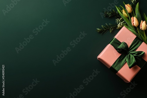 Pink Gift Box With Green Ribbon and Tulips on Dark Background for Special Occ...