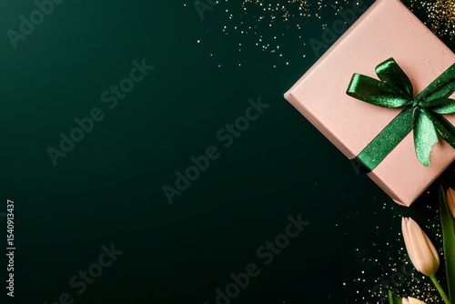 Beautifully Wrapped Gift Box With Green Ribbon and Flowers on Dark Background...