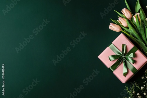 Beautifully Wrapped Gift Box With Green Ribbon and Flowers on Dark Background...