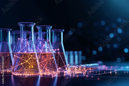 Colorful Laboratory Beakers With Glowing Liquid in a Dim Environment at Night