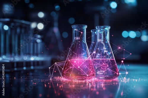 Colorful Laboratory Flasks With Glowing Liquid and Digital Particles in a Mod...