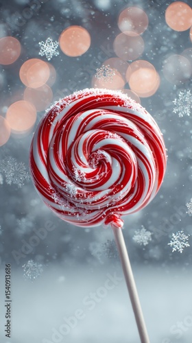 Swirled Lollipop on Stick Surrounded by Snowflakes and Soft Bokeh Lights in W...
