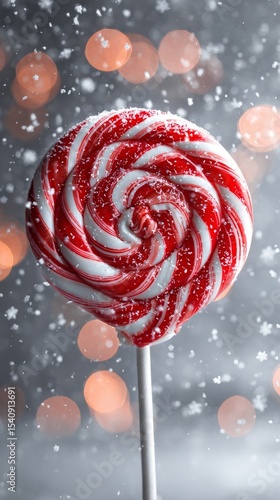 Swirled Lollipop on Stick Surrounded by Snowflakes and Soft Bokeh Lights in W...