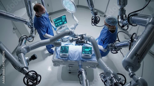 Advanced robotic arms perform a complex surgical procedure on a patient while two surgeons closely monitor the operation, ensuring precision and efficiency in a state-of-the-art operating room