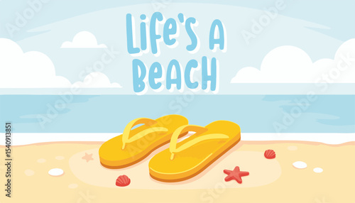 Bright yellow flip-flops resting on sandy beach with soft waves and clouds in the background, summer vibe concept of travel agency or beach resort