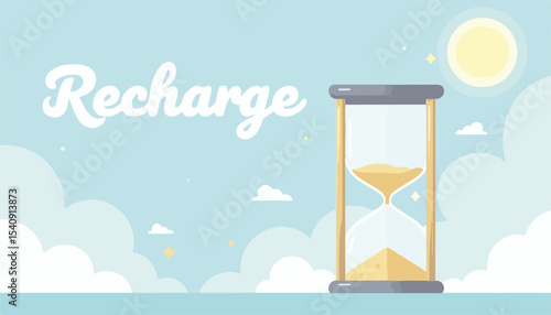 Recharge concept with a digital hourglass displaying flowing sand under a sunny sky and fluffy clouds, representing relaxation and mindfulness for wellness businesses -