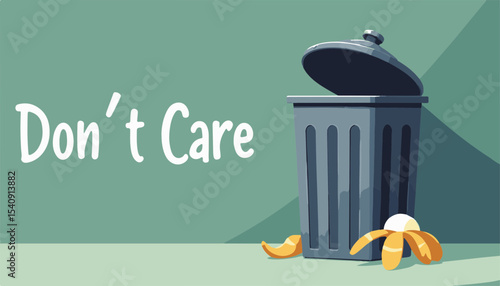Stylized trash bin with banana peels and eggshells next to vibrant "Don't Care" text on a modern flat design background, waste management concept of eco-friendly campaign