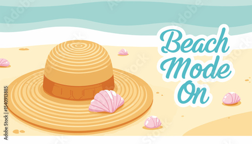 Stylish straw hat and seashells on sandy beach background, summer fun scene with beach mode on concept of travel agency or resort